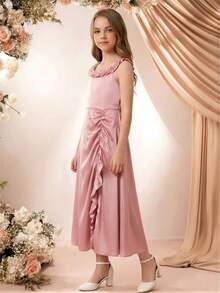 Girls' Pink Pleated Sleeveless Dress, Elegant Round Neck Fashion Long Dress - Pink - View 3