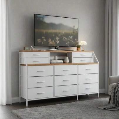Blanco Cajonera de tela de 1 pieza para tocador de dormitorio, soporte de TV con 13 cajones de almacenamiento, pequeño tocador de tela para armario organizador de ropa,Comodidad para TV del dormitorio con 13 cajones de tela Comodidad para la entrada de la sala de estar