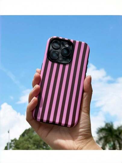 1pc Women's Fashion Fruit Pattern 13-Inch 2-In-1 Phone Case, Dopamine Pink And Black Stripe Dual-Layer Protective Shell, High-Quality Matte Film Phone Cover, Suitable For Commuting/Dating/Campus Photography, Fashionable Phone Accessory For Stylish Girls/Office Workers/Students