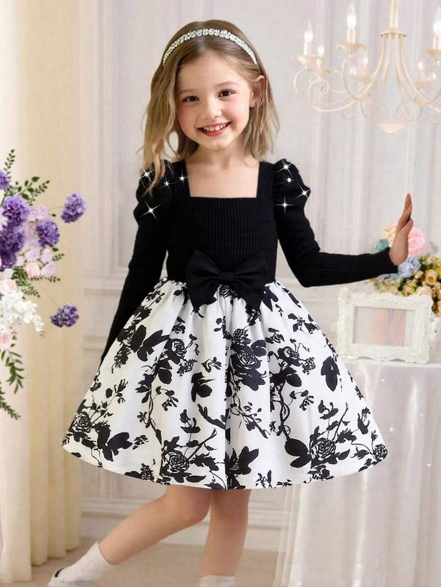 Young Girl Casual Knit Velvet Striped Beaded Shoulder Long Sleeve Round Neck Bow Patchwork Contrast Color Floral Print A-Line Hem Dress, Suitable For Daily, Home, Outdoor, Sports, Spring/Autumn - Black and White - View 1