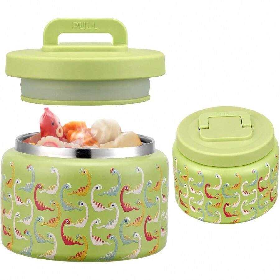 XGJTarro térmico de 8 onzas para alimentos fríos y calientes para niños recientes de almuerzo aiados frasco de cida caliente a prueba de fugas acero inoxidable boca anca almuerzo y - Dinosaurio verdecolorido - Ver 1