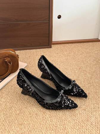 Escarpins à talons hauts avec nœud élégant pour femmes, nouvelles chaussures à talons compensés à bout pointu pailleté pour le printemps/été