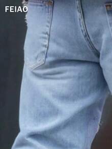 Casual Minimalist Distressed Washed Long Denim Jeans, Emo Style - Blue - View 4