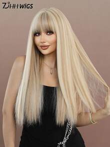 7JHH WIGS 24 Inch Long Straight Linen Blonde Wig For Women Mixed Brown Highlight, Gorgeous Fluffy Synthetic Wig With Bangs Natural Appearance Very Soft Synthetic Heat Resistant Fiber Hair, Beautiful Full Machine Hair Wig Suitable For Fashion Girls Daily,Anime Or Costume Cosplay Decoration,Music Festival Dance Party Street Wear Use, Mother's Day Gifts - 米色 - 查看 5