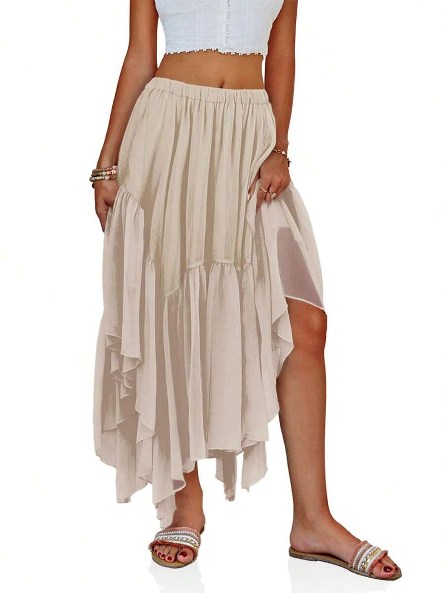 Womens Summer Boho Maxi Skirt Casual Asymmetric High-Low Hem Flowy Bohemia Long Skirt - 米色 - 查看 1