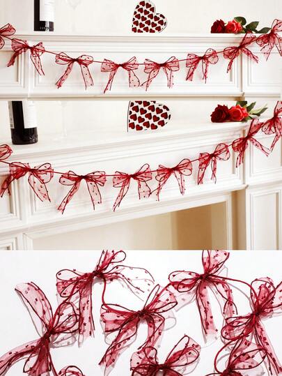 1pc Red Bow Flag Hanging Decor Wreath, Romantic Soft Bow Banner Decoration, Rope Style Elegant Sweet Vibe Wall Hanging For Party, Love Theme Valentine's Day, Wedding Engagement Anniversary, Proposal, Bridal Shower, Photo Backdrop, Suitable For Living Room, Bedroom