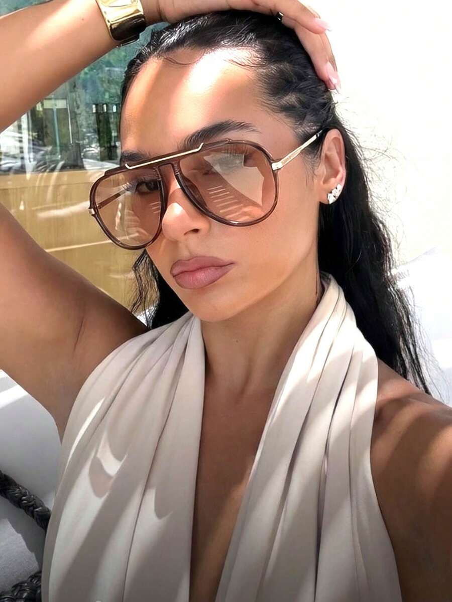 1 Pair Women's Metal Oval Frame Retro Double-Bridge Fashion Aviator , Suitable For Vacation, Beach, Women's Fashion Glasses, Summer Beach Vacation, Outdoor, Travel - Light Brown - View 1