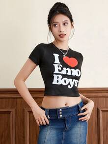 Women Valentine's Day T-Shirt, Crew Neck Short Sleeve Letters Heart Print Summer Tops For Casual Daily - Black - View 4