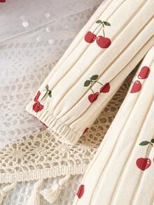 Newborn Baby Girl Gift Set - Dress With Bow, Cherry Print, Ribbed Fabric, With Socks And Headband