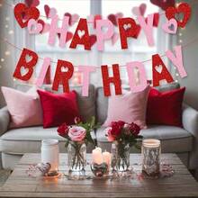 Valentine's Day Decorative Birthday Banner, Glitter Happy Birthday Banner Heart Shaped Birthday Hanging Banner Valentine's Day Themed Decoration, Valentine's Day Heart Wreath Home Birthday Party Supplies