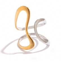 Frminee 2pcs/1pc Vintage Women's Gold And Silver Melange Stainless Steel Ring Jewelry, Chunky Line Statement Ring Jewelry - Gold and Silver Mixed Color - View 9