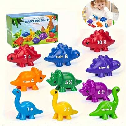 Dinosaur Themed Educational Toy Set, Develops Math Skills | Includes 10 Pairs Of Expandable Insert Toys, Designed For Infants & Toddlers, Enhances Hand-Eye Coordination | Counting & Sorting Games, Easter Gift, Christmas Gift, Children Toys