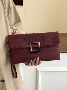 女士手拿包，时尚豹纹小方包 - 酒紅色 - 查看 2