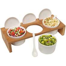 MyGift Juego de 3 tazones ramekines salseros para condimentos hechos en cerámica color blanco incluyen tapas cucharas y soporte hecho de bambú - Blanco - Ver 1