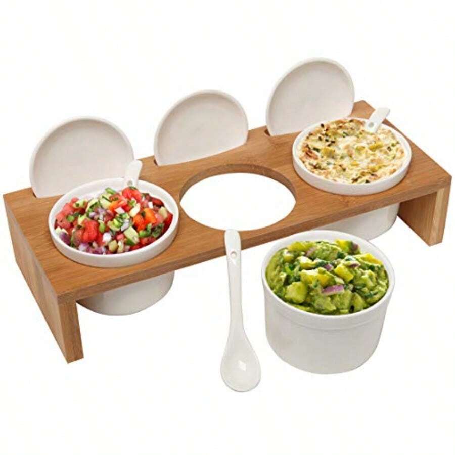 MyGift Juego de 3 tazones ramekines salseros para condimentos hechos en cerámica color blanco incluyen tapas cucharas y soporte hecho de bambú - Blanco - Ver 1
