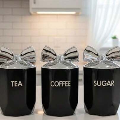 DEENZ Set Of 3 Jars Silver Bow Lid Kitchen Canister Jar For Tea Coffee Sugar Storage Pots Marble Effect Home Decor Dining Table Eye-Catching Glamorous Design (Black)