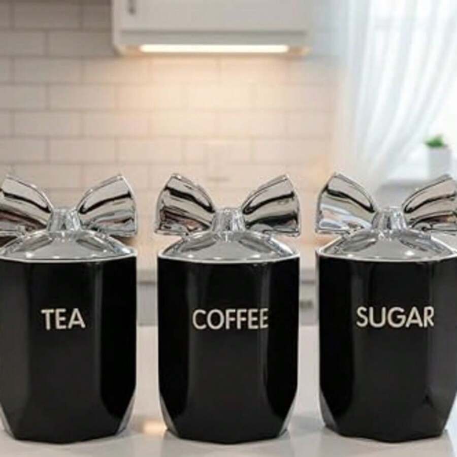 DEENZ Set Of 3 Jars Silver Bow Lid Kitchen Canister Jar For Tea Coffee Sugar Storage Pots Marble Effect Home Decor Dining Table Eye-Catching Glamorous Design (Black) - Black - View 1