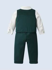 BOARNSEORL 3 件套男婴绅士服装套装：长袖白衬衫配领结、绿色背心和裤子，适合圣诞节、生日派对、婚礼、洗礼、1 岁生日