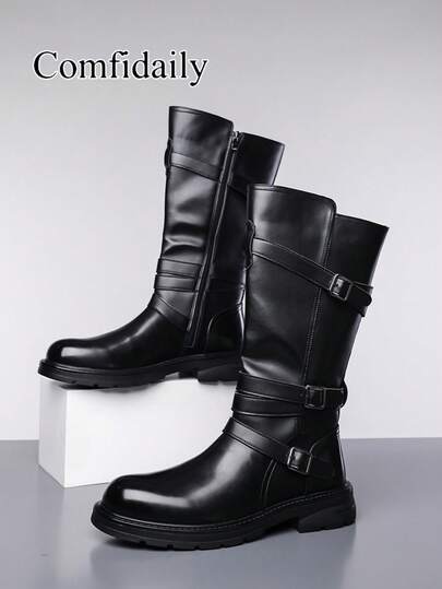 Men's Winter New Outdoor Leather Boots, Casual Versatile Motorcycle Boots, Solid Color Fashion Buckle Ankle Boots