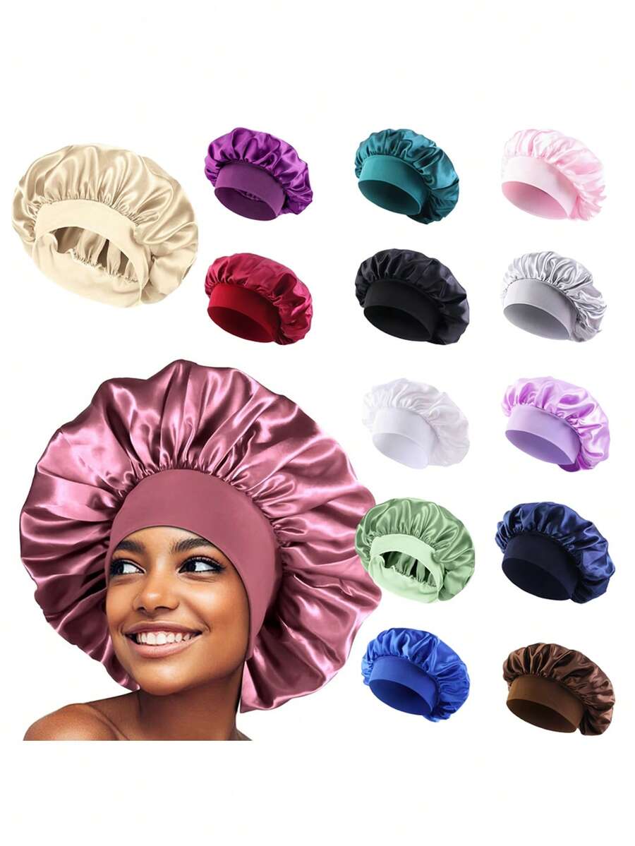 Unscented Silk Satin Sleep Cap Bonnet With Wide Brim - Comfortable Elastic Band Sleep Caps For Daily Use, Solid Color Polyester Bonnet For All Seasons - Multicolor - View 1