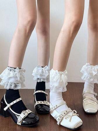 1 Pair Vintage Lace Trim Mid-Calf Socks, Sweet Layered Design, Japanese Lolita Style, Autumn/Winter