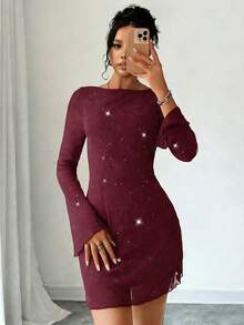 Đầm mini dự tiệc đính sequin thanh lịch Vuslat dành cho nữ, đầm mini lưới xuyên thấu lấp lánh gợi cảm dành cho nữ, đầm năm mới, trang phục Lễ Tạ ơn, đầm dự tiệc sang trọng, đầm ngày lễ, trang phục trang trọng. - Màu Đỏ Sâu - Xem 6