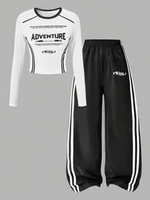 Tenue de style de rue pour filles, t-shirt côtelé blanc cool, design d'impression de maillot de basket, associé à un pantalon rayé, avec garniture contrastée et tissu texturé, convient pour le printemps, l'automne, l'hiver, les voyages sur le campus - Noir - Voir 3