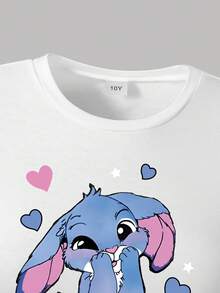 Youth Girl Cartoon Print Short Sleeve Top And Denim Skirt Set - White - View 3