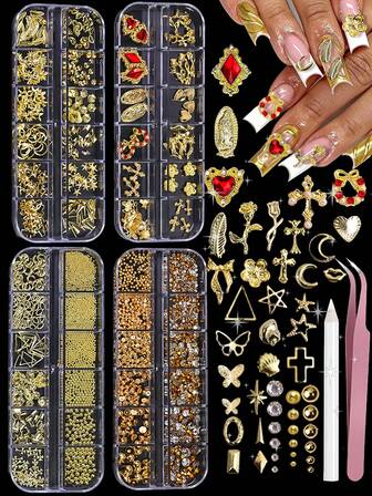 4 Boxes Gold Nail Charms And Gems Set, Nail Gems Nail Pearls Nail Art Tools, 3D Cross Nail Charms Heart Nail Rhinestones For Nails Supplies, Garland Mary Starburst Butterfly Rose Flower Charms For Nails Design Nail Art Kit With Drill Pen And Tweezers