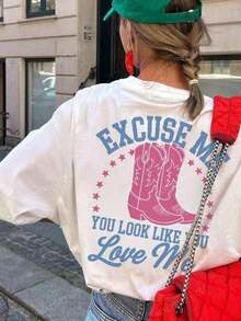 EXCUSE ME Ladies' Summer Street Red Boot Pattern Personalized Print Pattern Round Neck T-Shirt Western Style Clothing Women's Top. Graphic Tees Women Pink Top-White And Navy Off-The-Shoulder Cropped Top- Unisexideal Para Amigos - 白色 2 - 查看 7