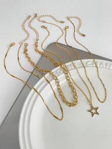 4件套 时尚金色复古简约星星吊坠项链首饰套装 - 金色 - 查看 5