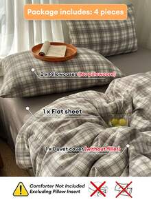 4pcs Gray Plaid Duvet Cover Set, Japanese Minimalist Style, Skin-Friendly & Soft Double-Layer Polyester, Unisex, Personalized, (1 Duvet Cover + 1 Bed Sheet + 2 Pillowcases), Bedroom Decor, Holiday Gift, No Filler, Pillowcase Pattern Randomly Cut - Grey - View 5