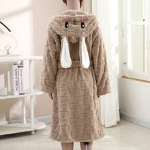 1pc Coral Fleece 3D Ear Rabbit Embroidered Hooded Bathrobe, Loungewear, Sleepwear, Soft, Absorbent, High-End, Suitable For Bathing, Pool, Bathroom, Gift - Multicolor - View 5