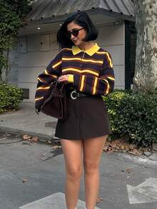 女士休闲撞色条纹针织Polo领长袖毛衣上衣 - 彩色 - 查看 7