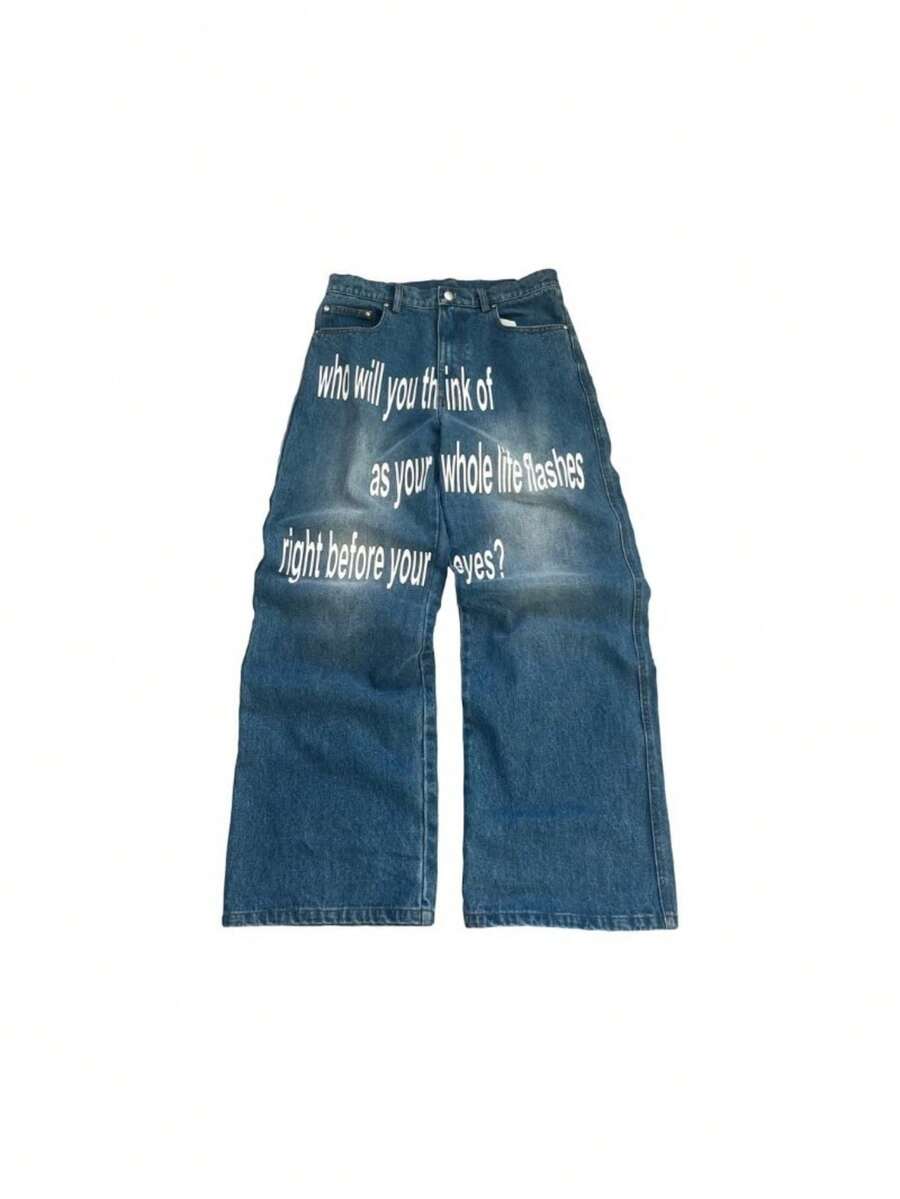 Mens Jeans,Men's Retro Street Hip Hop Wide-Leg Jeans With Letter Print Gothic Washed Distressed Denim - Blue - View 1