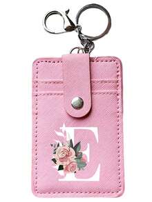 1pc PU Leather Minimalist Card Holder With Keychain, Floral & Alphabet A-Z Print, 2 Card Slots & 1 Transparent Front Pocket, Portable Wallet, Suitable For Business Cards, Credit Cards, ID Cards, Metro Cards, Can Be Hung On Backpacks Or Handbags, Great Gift For Birthday, Valentine's Day, New Year - Multicolor - View 9