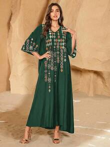 Women's V-Neck Embroidered Elegant Everyday Arabic Dress Eid - Dark Green - View 5