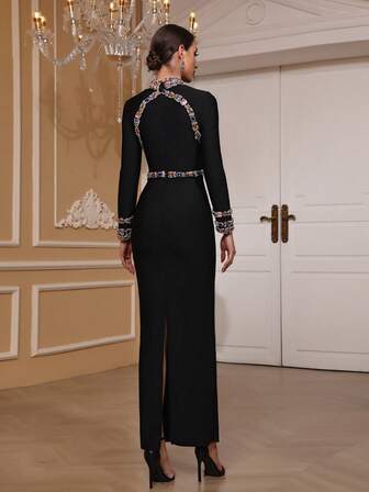  Vestido de fiesta de cóctel de moda con cuello redondo, manga larga y abertura alta de Girsdy, vestido de cumpleaños con piedras preciosas de colores, pedrería y efecto estilizante