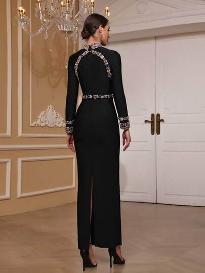  Girsdy Black Round Neck Long Sleeve Fashion High Slit Party Cocktail Dress, Slimming Beaded Rhinestone Colorful Gemstone Bandage Birthday Dress