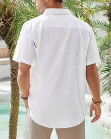 Men's Cotton And Linen Button Up Shirt Men Short Sleeve Button Down Casual Vacation Beach Summer Tops - 白色 - 查看 2