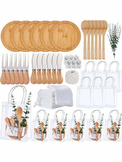 55pcs Round Cheese Board Set, Including 6 Sets Of Cheese Boards, Spoons, Forks, Butter Spreaders, Checkered Towels, Thank You Cards, And Gift Bags, Perfect For Baby Showers, Weddings, Birthdays, And Holiday Party Favors (Round Shape).