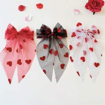 3 piezas Día de San Valentín Clip de lazo en forma de corazón de tela de malla elegante y dulce en negro, blanco y rojo para mujer, clips para el cabello para coleta, adecuado para festivales, fiestas, vestidos, atuendos diarios, accesorios de cabello elegantes bohemios, pinzas para el cabello, pasadores para el cabello, barretas para el cabello, accesorios de San Valentín