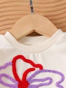 2pcs Baby Girls Casual Floral Embroidered Sweatshirt And Purple Pants Set, Spring/Autumn - Apricot - View 5