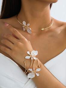 2pcs Women Enamel Floral Necklace And Bracelet Set