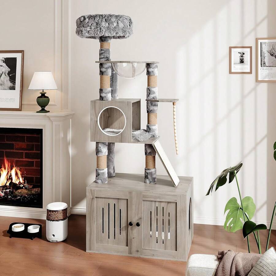 Torre para Gatos de 170 cm con Cerradura para Arenero, Hamaca y Cojines Lavables - Casa Multifuncional Resistente para Mascotas - Gris - Ver 1