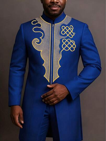 2pcs/Set Royal Blue Dashiki For Men, Elegant Gold Embroidery, Long Sleeve, Round Neck, Zipper, Elastic Waist Pants, African Clothing, Men's Casual Shirt And Pants Set, Suitable For Parties, Dates, Weddings, Daily Wear, Cultural Events, Traditional Ceremonies & Celebrations
