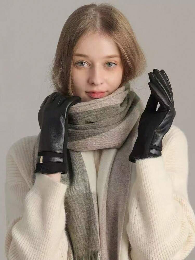 1 Par de Luvas Casuais Elegantes de Cor Sólida em PU com Rebite Embutido, Adequadas para Mulheres Maduras em Esportes ao Ar Livre, Outono/Inverno, Halloween - Preto - Visão 3
