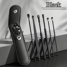 6-Piece Ear Wax Cleaning Kit - Earwax Removal Tool, Portable Ear Pick Cleaning Tool With Storage Leather Case, Reusable Spiral Cleaner, Tapered Tool| Household Daily Ear Care Tools| Black/Yellow/Pink/Green - Black - View 12