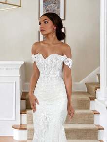 Elegant Sexy Lace Applique Off Shoulder Mermaid Wedding Dresses For Bride,Evening Party Dress Bridesmaid Dress Birthday Party Dress,Romantic Church Ceremony Wedding Dress,Suitable For Wedding,Dating,Party,Singles' Party,Vacation,Formal Occasions,Dinner Dress,Prom Dress,Homecoming Dress,Cocktail Party,Wedding Guest Dress,Graduation - 白色 - 查看 5