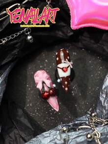 10 miếng dán móng tay chủ đề Ngày Valentine, miếng dán móng tay acrylic nhọn, thiết kế ombre hồng, trang trí 3D nổi, các họa tiết bao gồm trái tim, môi, anh đào, dâu tây, nơ, quà tặng, người yêu, hoa cúc, chấm bi, thư tình, miếng dán móng tay acrylic thủ công phủ kín toàn bộ móng, phong cách Y2K, phù hợp cho phụ nữ và bé gái. - Hồng - Xem 6